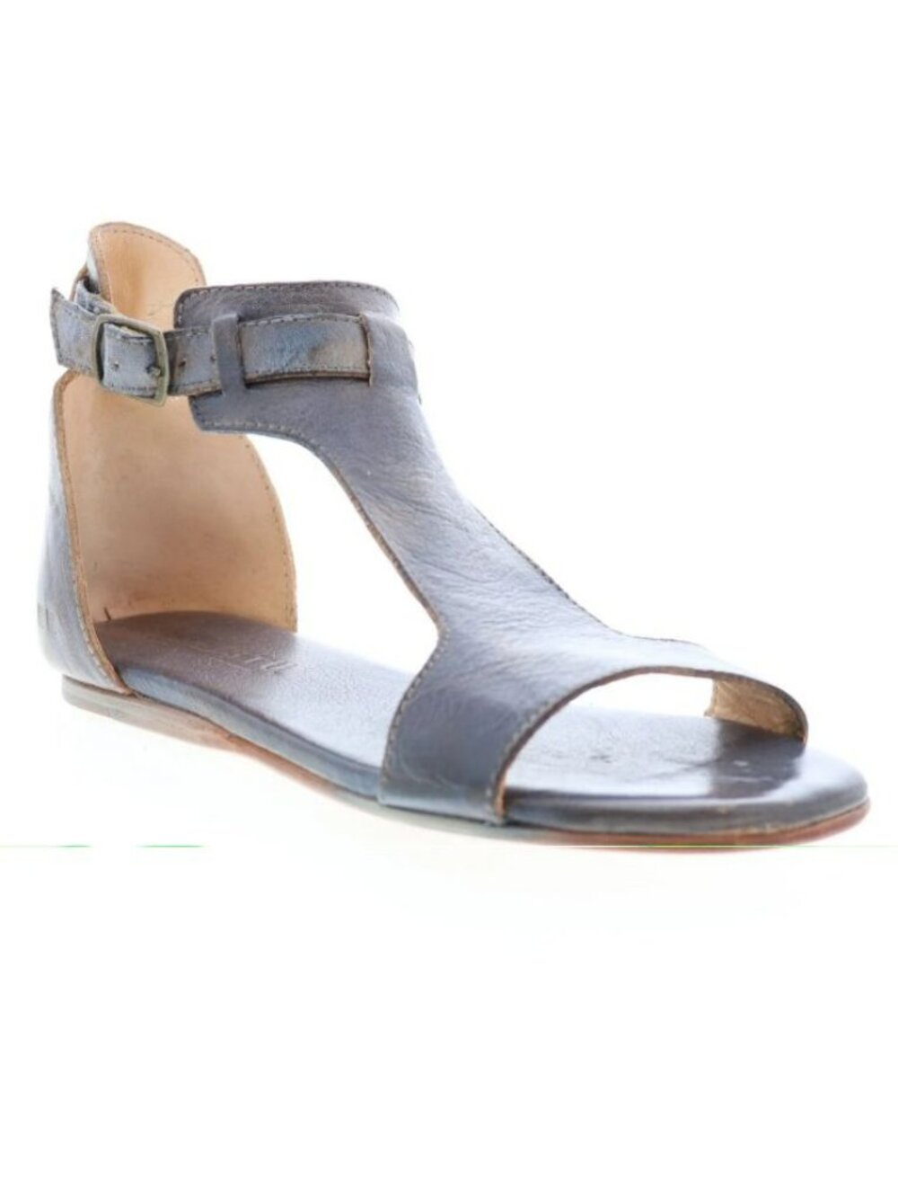 Bed|Stü Sable Gray Full-grain Distressed Leather Hook & Loop Strap Sandals Shoes